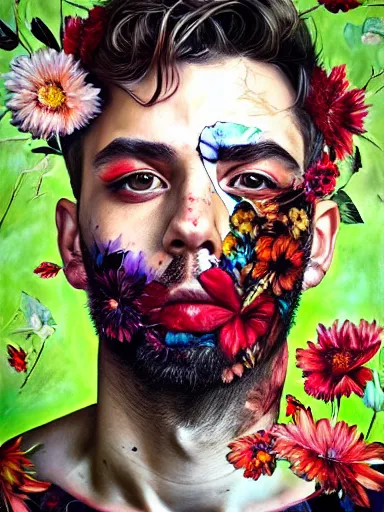 Image similar to portrait of a man, with a floral background painted by artgerm, karol bak, artur bordalo, sandra chevrier : : portrait, character, illustration, hyperrealism