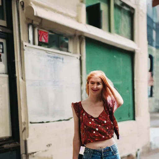 Prompt: Portrait photograph of a Strawberry-Blonde Girl, Young Beautiful Face, Green Eyes, Freckles, Wearing a white crop-top and jeans, with a subtle smile, Humans of New York Style, Leica Camera 50mm lens, street photography, aesthetic canon of proportions, grainy film photo