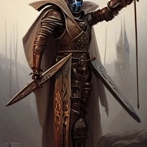 Prompt: beautiful warforged crusades construct wood steel holy cleric crusader runes warforged crusades tabard hooded cloak divine knights templar, intricate, elegant, highly detailed, digital painting, artstation, concept art, smooth, sharp focus, illustration, art by artgerm and greg rutkowski and alphonse mucha and loish and wlop