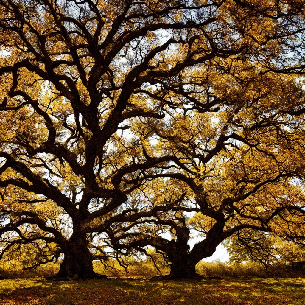 Image similar to single lonely old oak with foliage in winter, spring, summer and autumn colors, the tree is growing on a hillock, cinematic lighting, photo realistic image, 4K, super detailed