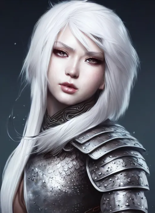 Image similar to warrior, fur leather armor!!! beautiful and elegant white hair female!! gorgeous ayes!! character concept art, sharp focus, octane render! unreal engine 5! highly rendered!! trending on artstation!! detailed linework!! illustration by artgerm, wlop, and chie yoshii