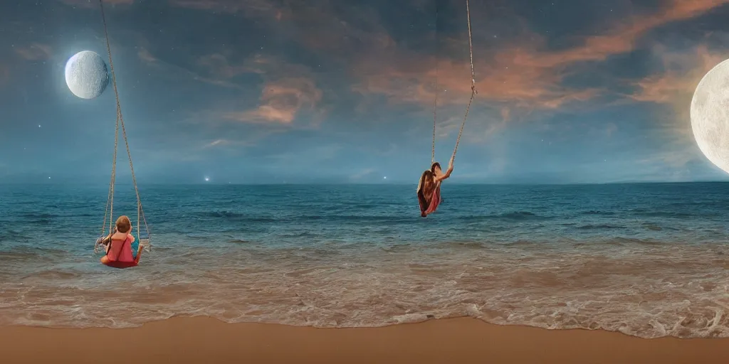 Image similar to a person swinging on a swing over the ocean the swing is connected to the moon, award winning, 4k, volumetrics, digital art