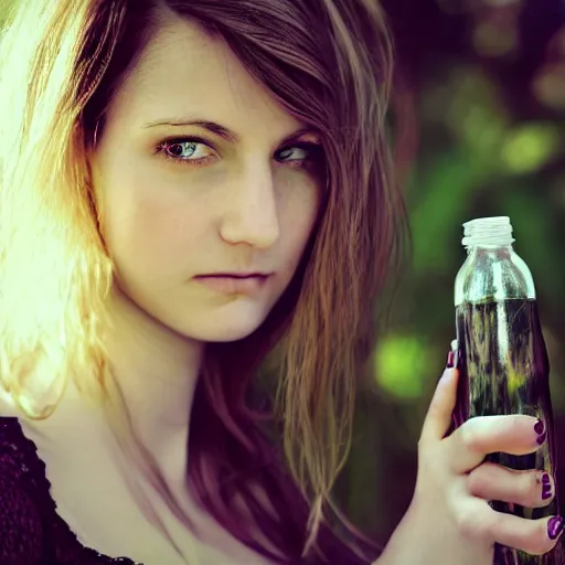 Prompt: lomo photograph, intricate detail, hyper detail, young beautifull woman, very tired, full body potrait holding bottle, hazel green eyes, realistic, highlydetailed, natural, model shoot, masterpiece, sharp focus,