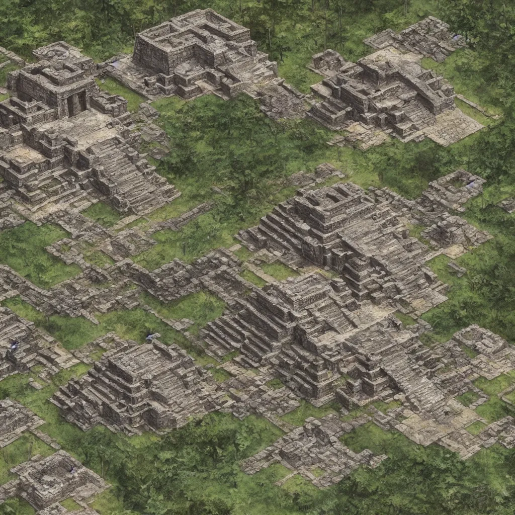 Prompt: Detailed map of ancient mayan ruins in a 2.5D video game, by Greg Rutkowski