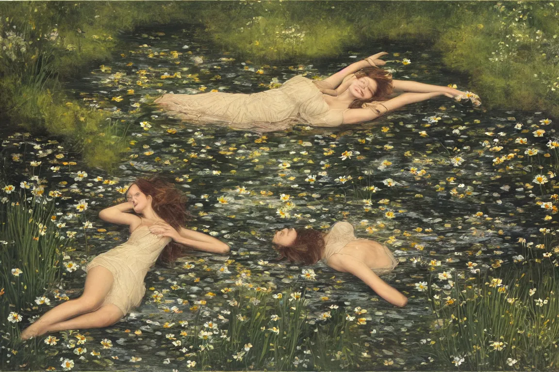 Prompt: Beautiful woman lying horizontal in a dark water stream. Flowers in hand. Golden brown dress, light dark long hair. Apathetic, pale, dead but beautiful. Poppies, daisies, pansies. Most accurate and elaborate studies of nature ever made. The background Hogsmill river in Surrey, rich Forest, dark, wood, bushes. Naturalistic strong green colors. Painting by John Everett Millais.