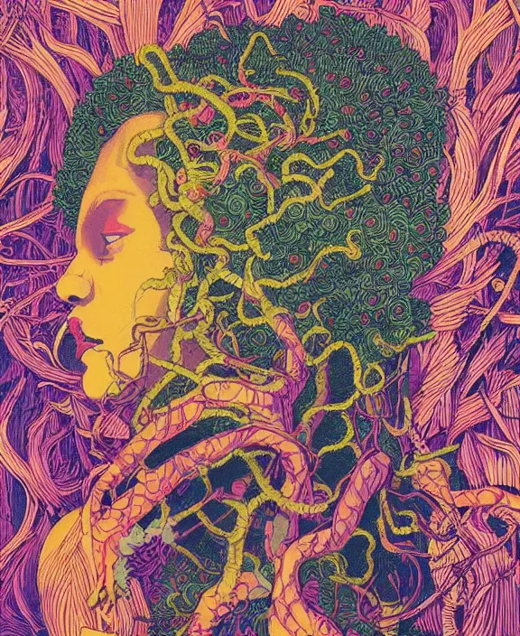 Image similar to afro medusa, exotic vegetation, tristan eaton, victo ngai, triadic color scheme, edward hopper, beksinski, nicola samori, hyperrealism, intricate detailed, risograph