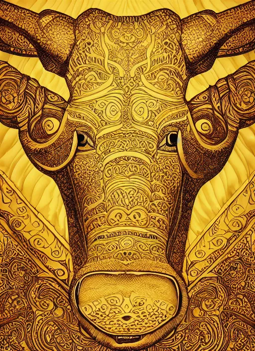 Prompt: golden paper + an intricate ox depiction + elaborate illustration, very detailed, deviantart, 8 k vertical wallpaper, tropical, colorful, airy, illustration, nature