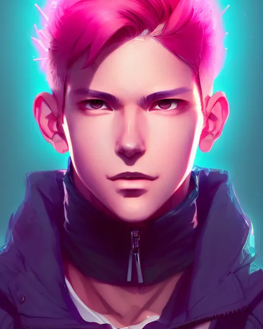 Prompt: portrait of a male, street clothes, cyberpunk, slight pink lights, face like ester exposito, blonde shinkai makoto studio ghibli studio key hideaki anno sakimichan stanley artgerm lau rossdraws james jean marc simonetti elegant highly detailed digital painting artstation pixiv