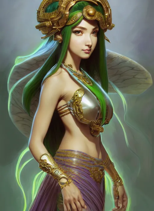 Image similar to portrait, head and torso only, palutena, concept art, digital illustration, by rossdraws, frank franzzeta, intricate, elegant, hyper detailed, ultra definition, photoreal, artstation, unreal engine rendered, concept art, smooth, sharp focus, illustration, art by artgerm and greg rutkowski and alphonse mucha and garis edelweiss