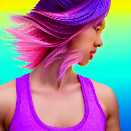 Image similar to a award winning upper body portrait of a beautiful woman in a tanktop with a ombre purple pink hairstyle with head in motion and hair flying, outrun, vaporware, vivid colors, highly detailed, fine detail, intricate