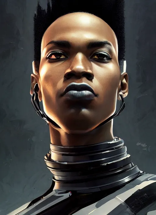 Prompt: portrait of a young black man with a mohawk and solid black irises, wearing futuristic techwear highly detailed, angular jawline, digital painting, artstation, concept art, smooth, sharp focus, illustration, art by wlop, uang guangjian and gil elvgren and sachin teng and greg rutkowski