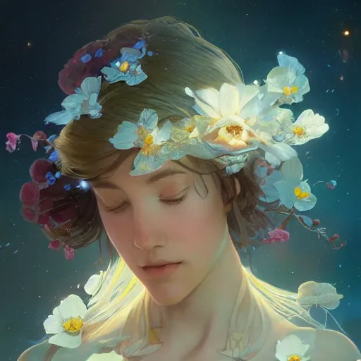 Image similar to Flower in the cosmos, highly detailed, digital painting, artstation, concept art, smooth, sharp focus, illustration, Unreal Engine 5, 8K, art by artgerm and greg rutkowski and alphonse mucha