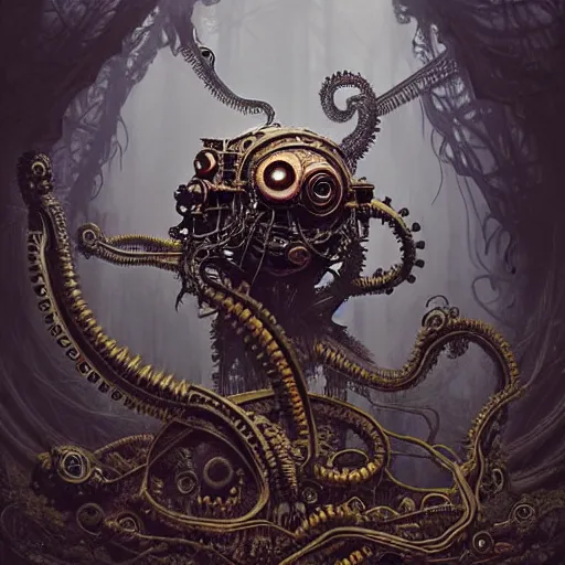 Image similar to biomechanical steampunk creature with robotic parts and big octopus head and (glowing) eyes guarding an ancient lush cave in a mystic forest, gothic and baroque, brutalist architecture, ultradetailed, creepy ambiance, fog, artgerm, giger, Intricate by Ellen Jewett and Josan Gonzalez and Giuseppe Arcimboldo