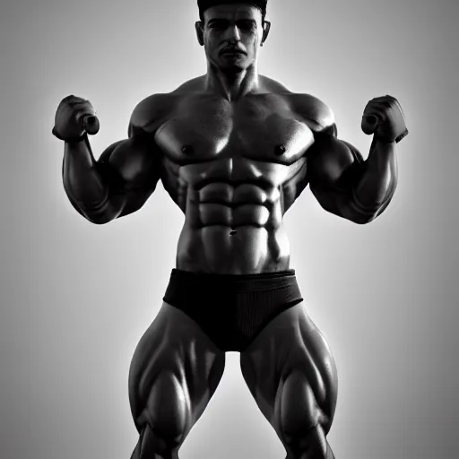 Image similar to extremely muscular ernest khalimov flexing, dslr, award winning, 8 k, octane beautifully detailed render, grayscale, cinematic lighting, detailed photo, masterpiece, volumetric lighting, ultra realistic, highly detailed, high quality, lossless, photorealistic, sharp focus, hd