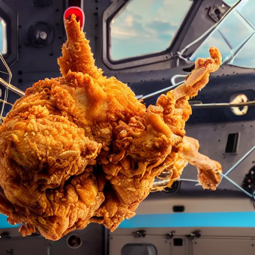 Image similar to a giant fried chicken falling from a helicopter, hyper detailed, 8k resolution