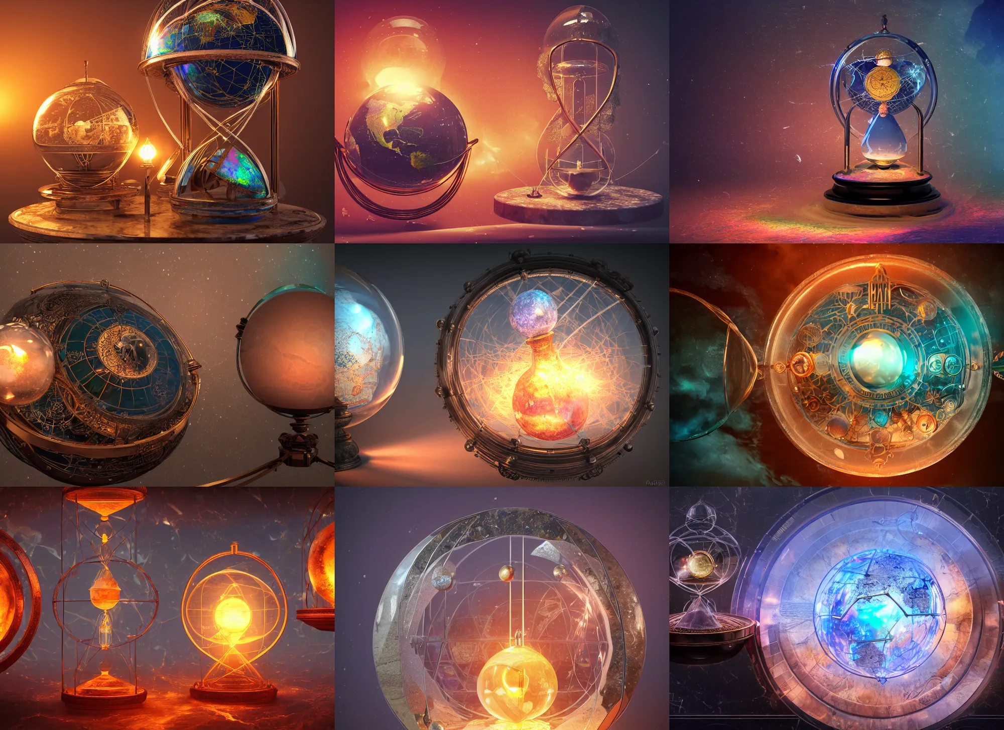 Prompt: iridescent steampunk planisphere inside a marble, hourglass, lightning, himalayan rocksalt lamp, intricate detail, volumetric lighting, epic composition, hyper detailed, ultra realistic, sharp focus, octane render, candle, volumetric, ray tracing, artstation trending, cgsociety, sense of awe, swirling mist, 4 k