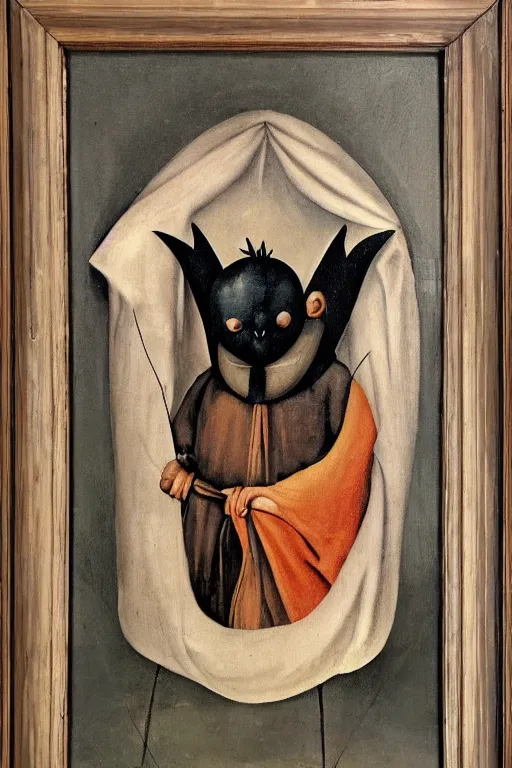 Image similar to silly hieronymus bosch framed oil painting of a bat in fancy felt robes. muted colour palette