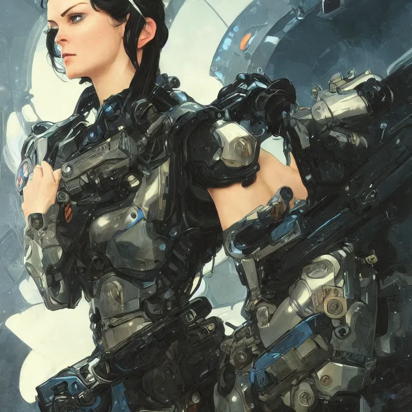 Image similar to woman dressed in scifi military uniform and armor with black hair and blue eyes, elegant, digital illustration, detailed, intricate, sharp focus, digital painting, deep focus, digital painting, artstation, concept art, matte, art by artgerm and greg rutkowski and alphonse mucha