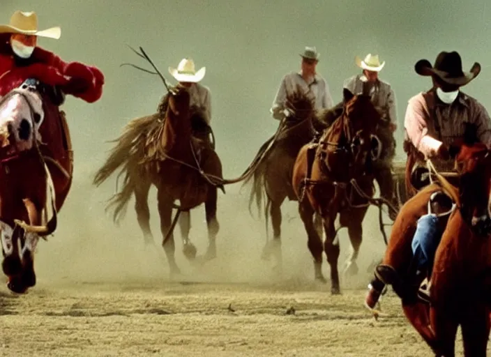 Image similar to a cowboy horse chase vigilantes with face masks disguise, shoot out, exploding horse wide shot, from the hit 1 9 9 0 s tv show on tnt