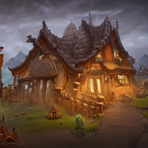 Image similar to trending on artstation, hearthstone. structures with tile roofs, and peaked wooden roofs, structures blackened to some degree by a patina of soot. structures darkest at the top, where the ash gathered, but rainwaters and evening condensations had carried the stains over ledges and down walls in an uneven gradient.