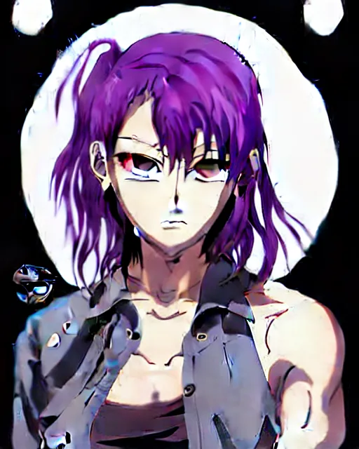 Image similar to style of madhouse studio anime, black lagoon manga, loish, artgerm, comic art, portrait of revy from black lagoon, symmetrical eyes and symmetrical face, jean shorts, white tank top, purple hair, sarcastic evil smirk on face, sky and ocean background