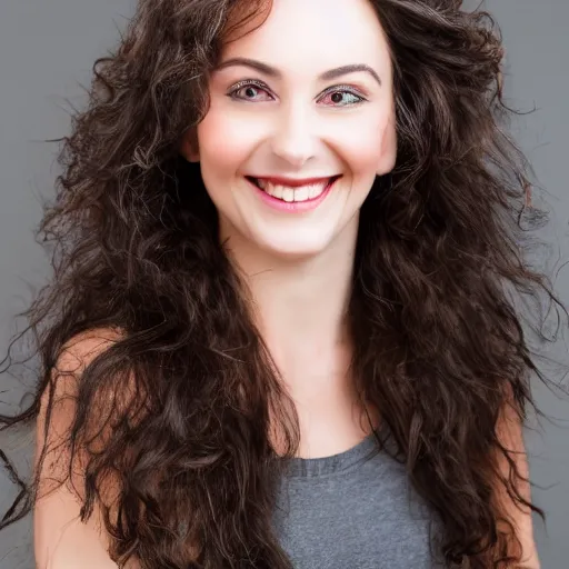 Image similar to a beautiful studio photo portrait of a long haired brunette woman, happy and smiling, dynamic pose