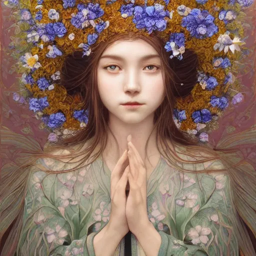 Image similar to breathtaking detailed concept art painting of the goddess of nemophila flowers, orthodox saint, with anxious, piercing eyes, ornate background, amalgamation of leaves and flowers, by Hsiao-Ron Cheng, James jean, Miho Hirano, Hayao Miyazaki, extremely moody lighting, 8K