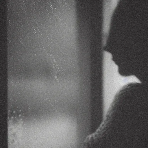 Prompt: analog photograph portrait of a beautiful woman looking out the window, heavy rainfall, depressed, greyscale, film grain, depth of field, bokeh