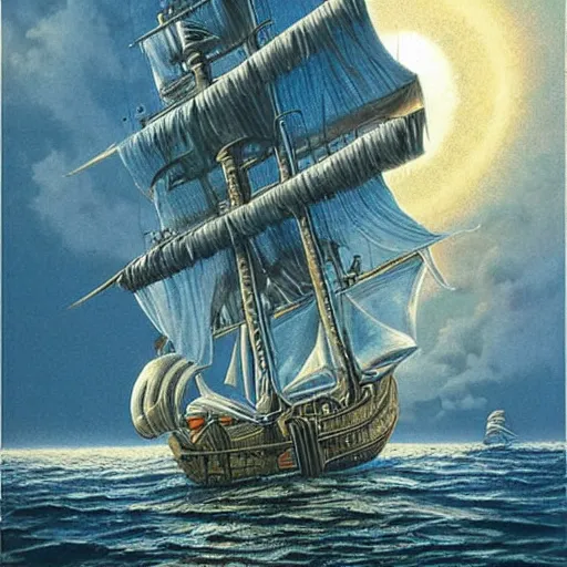 Image similar to A pirate on the high seas that has magical pearlescent shimmering see through sails, painting by David A Hardy