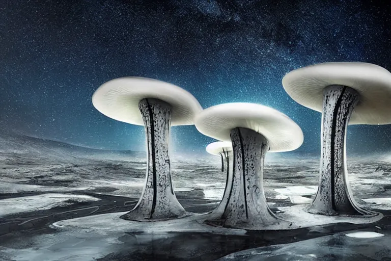 Image similar to favela twisting spaceship fungus, snowy arctic environment, industrial factory, bright, milky way, award winning art, epic dreamlike fantasy landscape, ultra realistic,