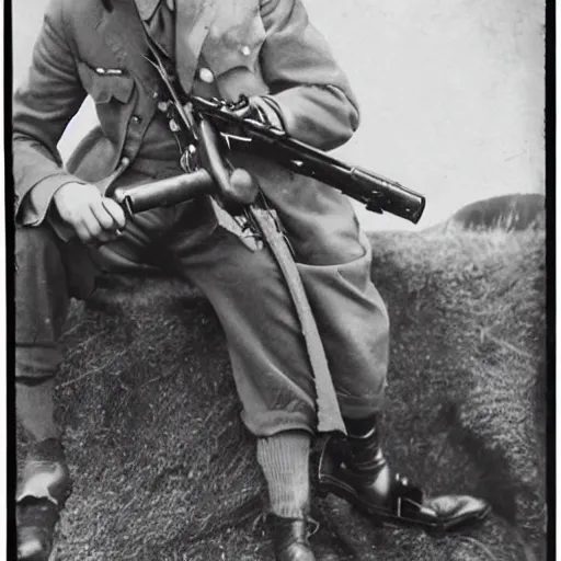 Image similar to old wartime photograph of mr bean holding a lewis gun, 1 9 1 7