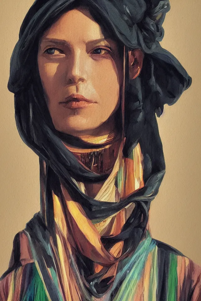 Image similar to sfumato renaissance oil painting of a modern shaman, modern minimal isei miyake outfit, in the style of lara jade, syd mead, concept art