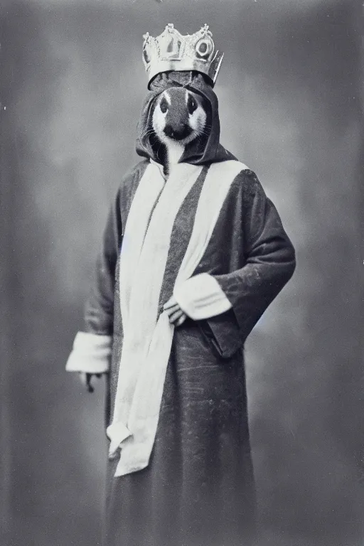 Image similar to a wet plate photo of a ferret priest, wearing a crown, wearing a robe