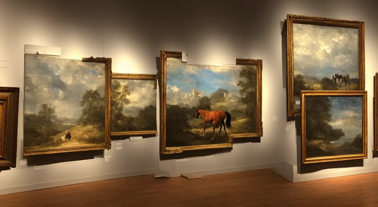 Prompt: in the art gallery, three landscape paintings are displayed side by side, and the middle one is a painting of a horse's head sticking out of the frame.