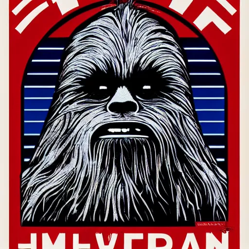 Image similar to chewbacca presidential election poster showing close up of chewbacca face red and blue duotone screenprint by sheperd fairey