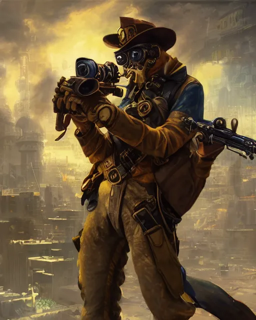 Prompt: oil painting of Anthropomorphized Monkey Sniper, holding steampunk gun, sharp focus, exploding golden steampunk city background, full body, heroic pose, fantasy style, octane render, volumetric lighting, 8k high definition, by greg rutkowski, highly detailed, trending on art Station, magic the gathering artwork, centered, dramatic artwork, combat scene