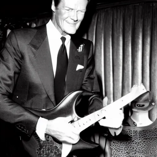 Image similar to roger moore in a nightclub in florida playing guitar