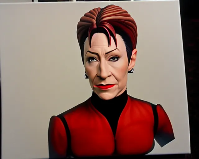 Prompt: hyper realistic painting of the bajoran kira nerys from star trek, three quarter shot, medium shot, f 1. 4, 3 5 mm