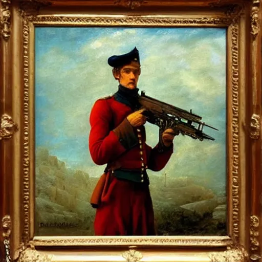 Image similar to an impasto oil painting of a soldier holding a flower instead of a gun painted by caspar david friedrich, high detail