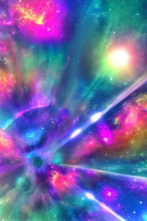 Image similar to geometric 3 d render soft bright pastel rainbow fireball mountains surrounding stars