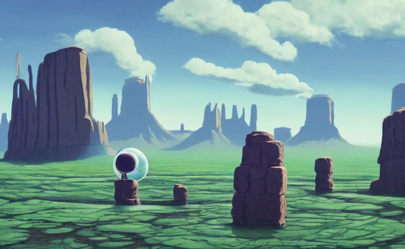 Image similar to a scary hyperrealist painting of a spaceship made of stone and a giant transparent bubble from howl's moving castle ( 2 0 0 4 ) in a flooded monument valley stonehenge jungle. depth perception, 4 k, artstation, in the style of studio ghibli
