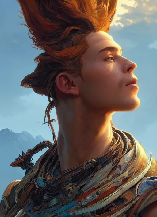 Image similar to a man in a thinking pose with head full of dreams, intricate, elegant, highly detailed, digital painting, artstation, smooth, sharp focus, illustration, art by artgerm and greg rutkowski and alphonse mucha, horizon zero dawn 8 k