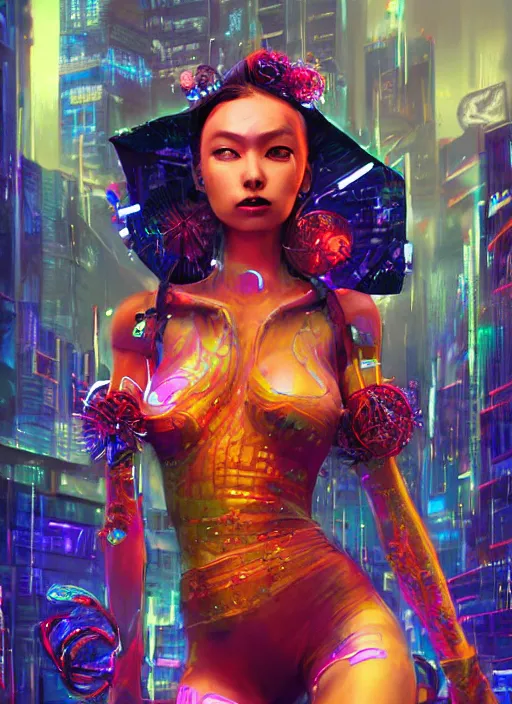 Image similar to An epic fantasy comic book style portrait painting of a very beautiful cyberpunk Hula Dancer in the rain, neon reflections, character design by Mark Ryden and Pixar and Hayao Miyazaki, unreal 5, DAZ, hyperrealistic, octane render, cosplay, RPG portrait, dynamic lighting, intricate detail, cinematic