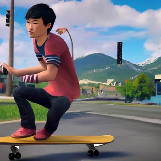 Prompt: Alex Chen from Life is Strange True Colors riding a skateboard