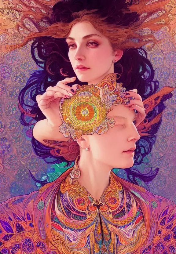 Image similar to portrait of a beautiful woman wearing a kaleidoscopic psychedelic dress, fantasy, intricate, elegant, highly detailed, digital painting, artstation, concept art, smooth, 8 k, sharp focus, illustration, art by artgerm and greg rutkowski and alphonse mucha