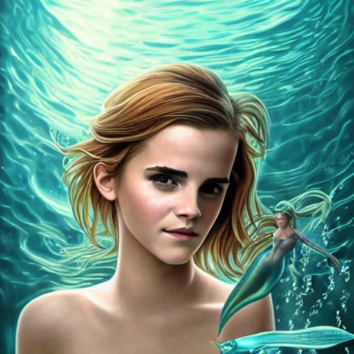 Prompt: a epic mark brooks painting of emma watson as a mermaid under water, 8 k, ultra detailed, lighting, water bubbles, sparkling, beautiful scaly mermaid tale, illustration, trending on art station, digial art by lois van baarle