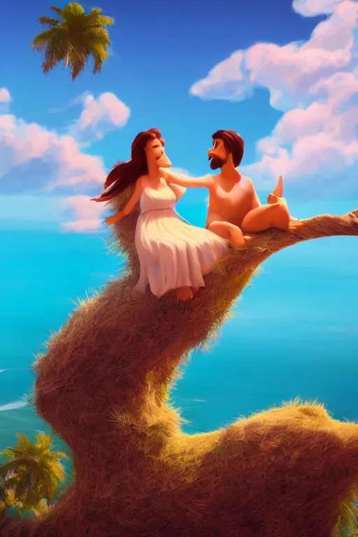 Image similar to conceptual art of one loving couple sitting on a cloud with palms, high in the sky above a paradisiac ocean, mattepainting concept pixar maya engine on stylized background global illumination lighting artstation