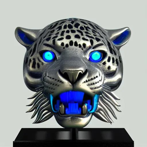 Prompt: silver jaguar sculpture with glowing blue eyes, octane render