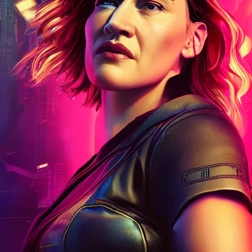 Image similar to kate winslet portrait, cyberpunk 2 0 7 7, cyberpunk judy alvarez, photorealistic, ultra detailed, neon, octane, bokeh, cinematic lighting, cyber, cyberpunk city, studio quality, feature, scars, cyberface, 8 k