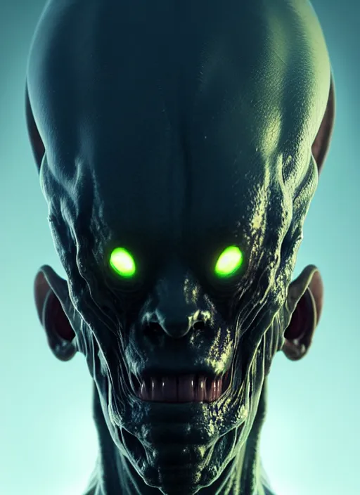 Prompt: portrait of a space alien, varying detailed skin, octane render, piercing glowing eyes, realistic render, detailed, ugly, slimy unreal engine, symmetrical!!, greg rutkowski and ruan jia, cinematic